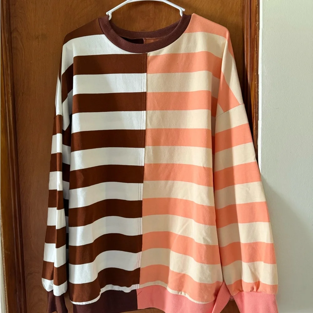 NWOT Zenana Outfitters Brown and Peach Striped Sweatshirt - Picture 4 of 5